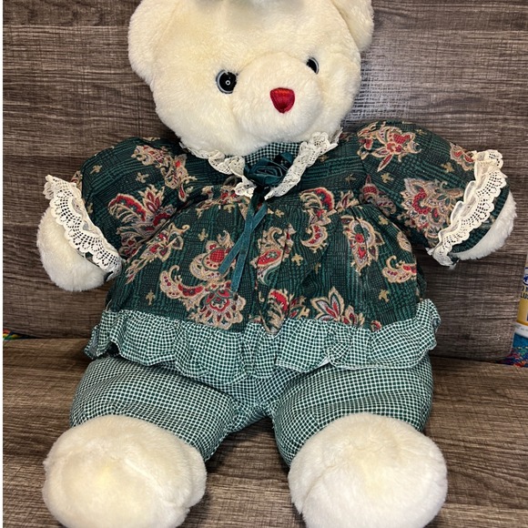 Vintage Floral Teddy Bear Plush Green Dress Bow Stuffed Animal Toy Decor - Picture 1 of 5